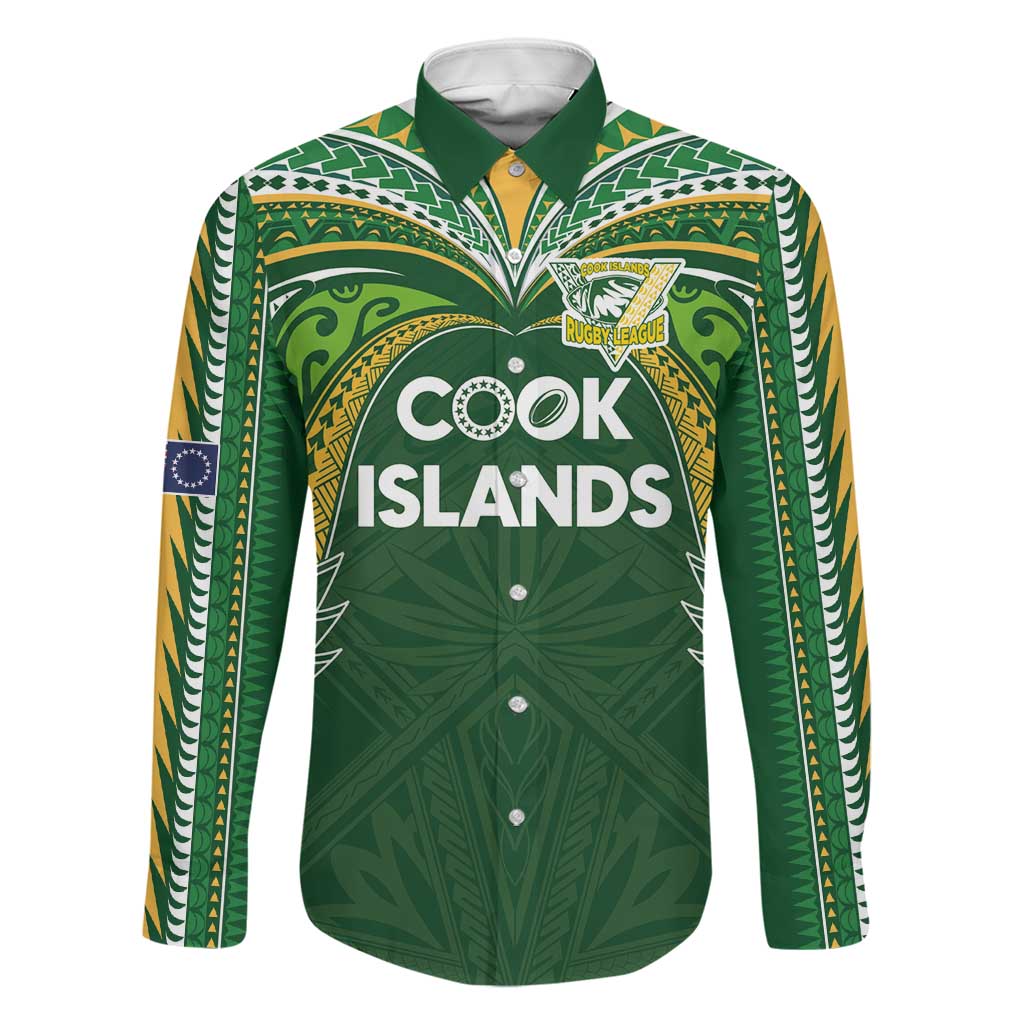 Custom Cook Islands Rugby League Family Matching Puletasi and Hawaiian Shirt Tatau Tribal Motifs-Dark Green Color LT03 Dad's Shirt - Long Sleeve Green - Polynesian Pride