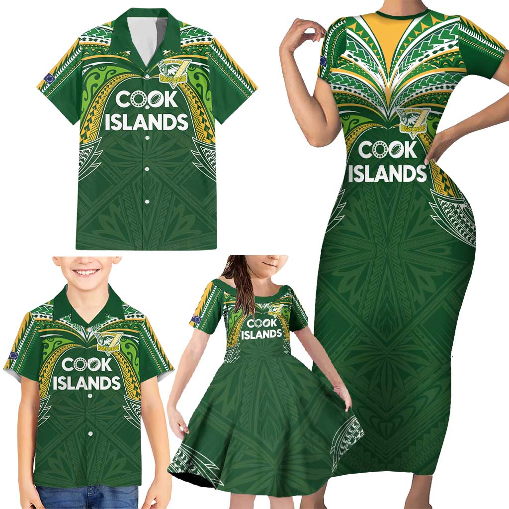 Custom Cook Islands Rugby League Family Matching Short Sleeve Bodycon Dress and Hawaiian Shirt Tatau Tribal Motifs-Dark Green Color - Polynesian Pride