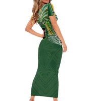 Custom Cook Islands Rugby League Family Matching Short Sleeve Bodycon Dress and Hawaiian Shirt Tatau Tribal Motifs-Dark Green Color - Polynesian Pride