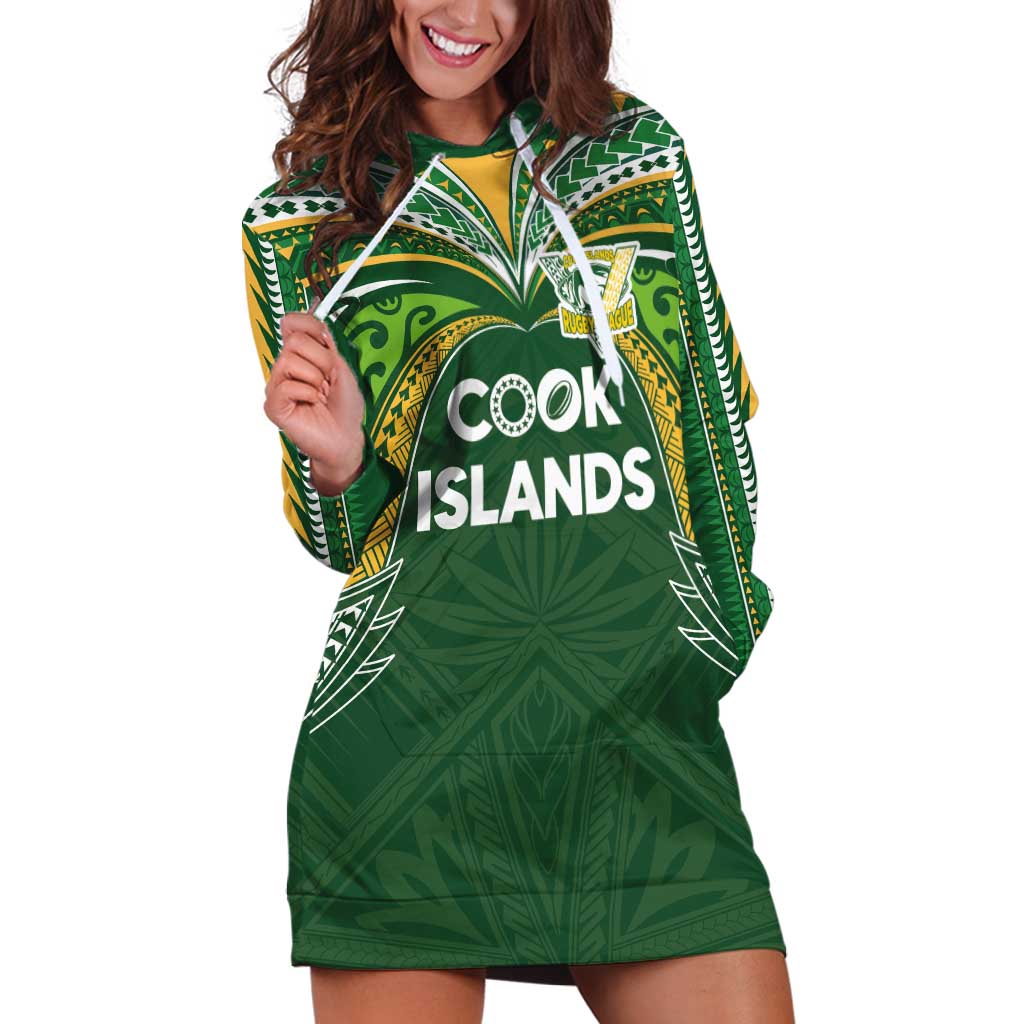 Custom Cook Islands Rugby League Hoodie Dress Tatau Tribal Motifs-Dark Green Color - Polynesian Pride
