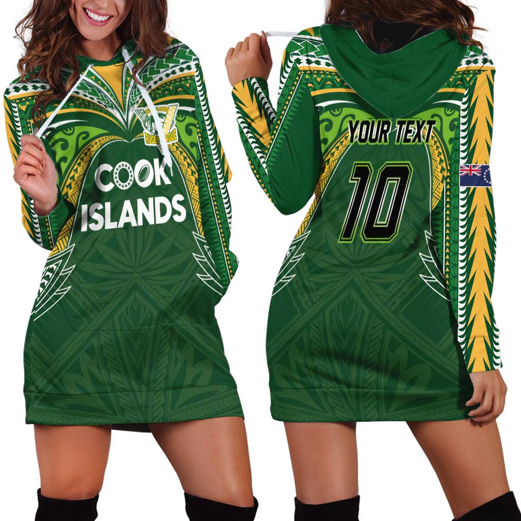 Custom Cook Islands Rugby League Hoodie Dress Tatau Tribal Motifs-Dark Green Color - Polynesian Pride