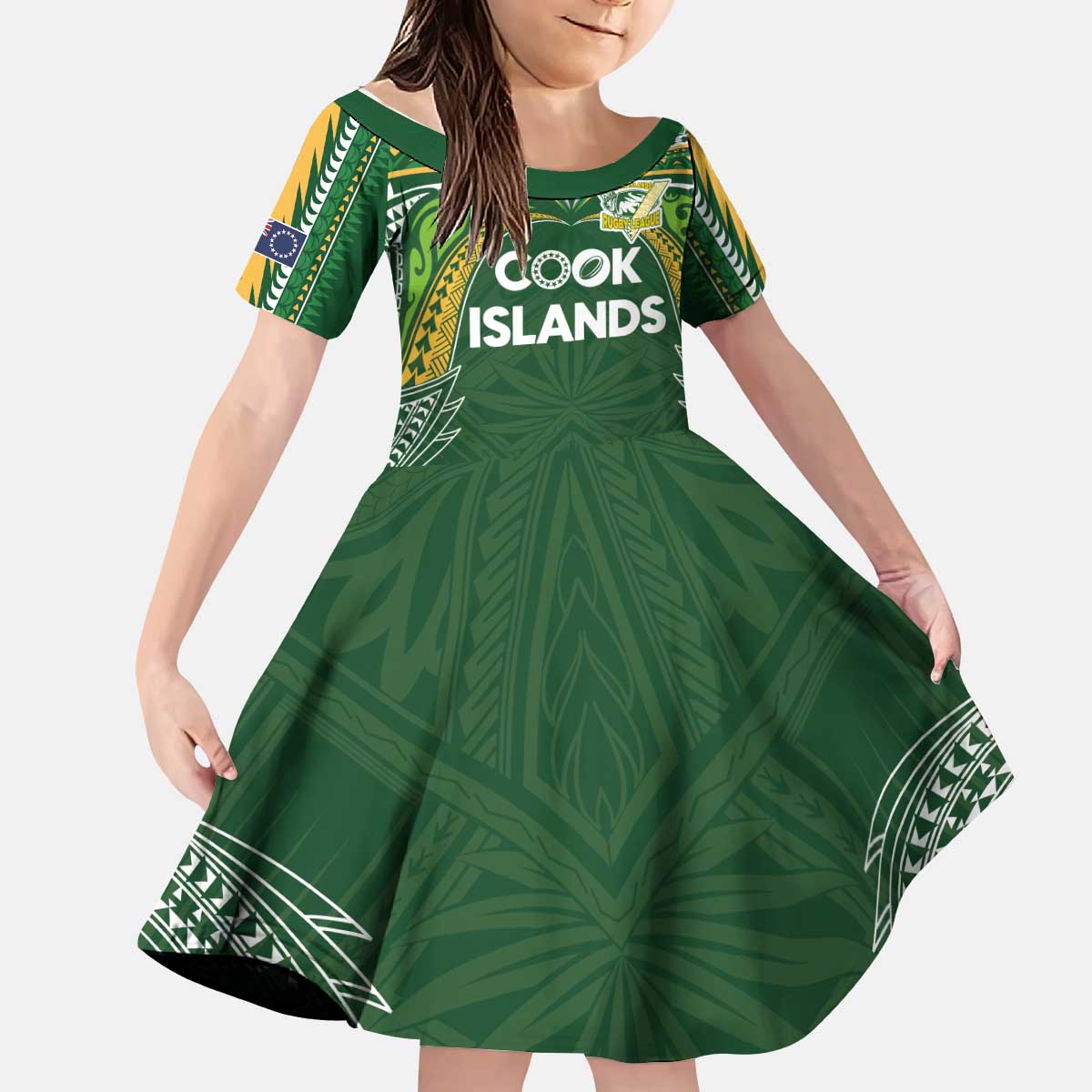 Custom Cook Islands Rugby League Kid Short Sleeve Dress Tatau Tribal Motifs-Dark Green Color - Polynesian Pride