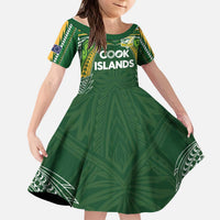 Custom Cook Islands Rugby League Kid Short Sleeve Dress Tatau Tribal Motifs-Dark Green Color - Polynesian Pride