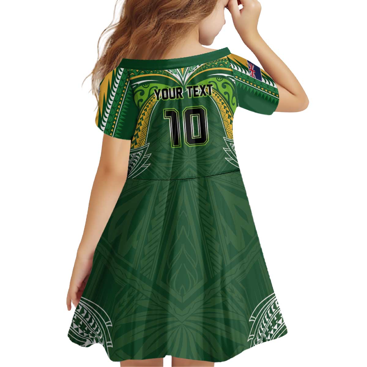 Custom Cook Islands Rugby League Kid Short Sleeve Dress Tatau Tribal Motifs-Dark Green Color - Polynesian Pride