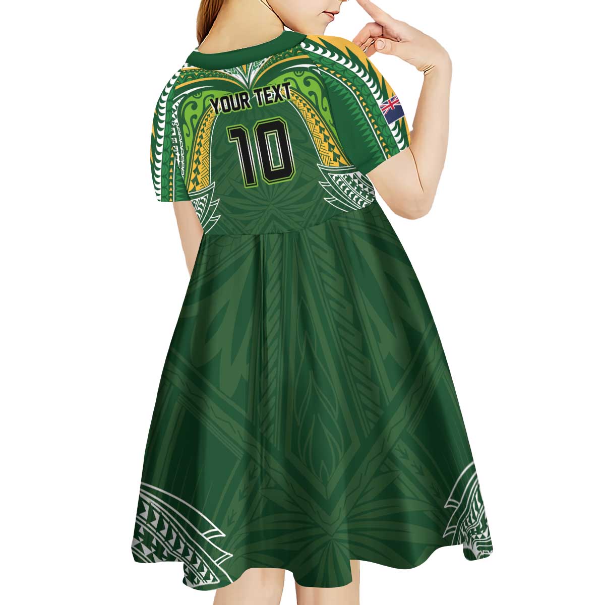 Custom Cook Islands Rugby League Kid Short Sleeve Dress Tatau Tribal Motifs-Dark Green Color - Polynesian Pride