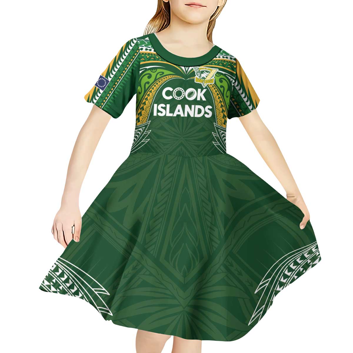 Custom Cook Islands Rugby League Kid Short Sleeve Dress Tatau Tribal Motifs-Dark Green Color - Polynesian Pride