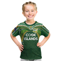 Custom Cook Islands Rugby League Kid T Shirt Tatau Tribal Motifs-Dark Green Color - Polynesian Pride