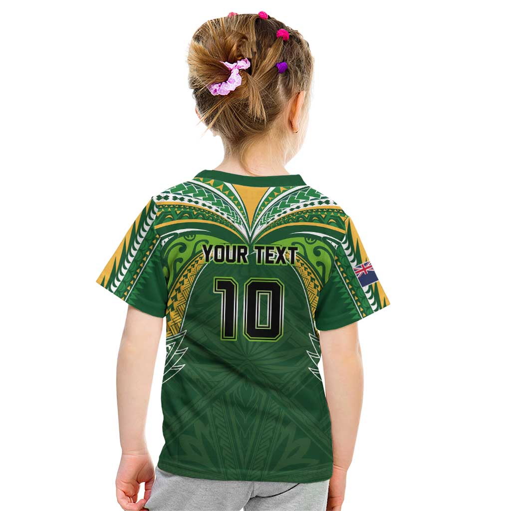 Custom Cook Islands Rugby League Kid T Shirt Tatau Tribal Motifs-Dark Green Color - Polynesian Pride