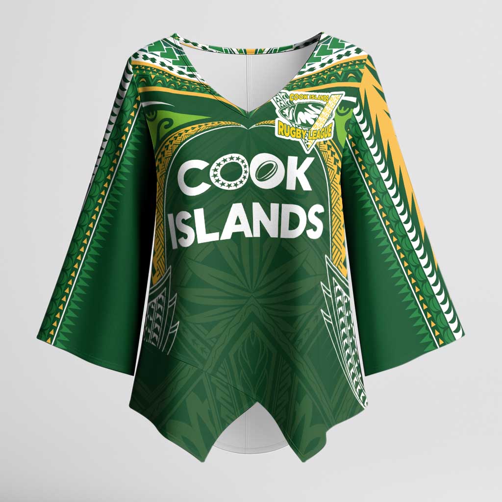 Custom Cook Islands Rugby League Kimono Sleeve Blouse Tatau Tribal Motifs-Dark Green Color - Polynesian Pride