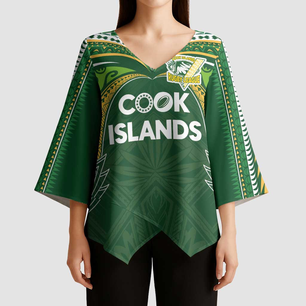Custom Cook Islands Rugby League Kimono Sleeve Blouse Tatau Tribal Motifs-Dark Green Color - Polynesian Pride
