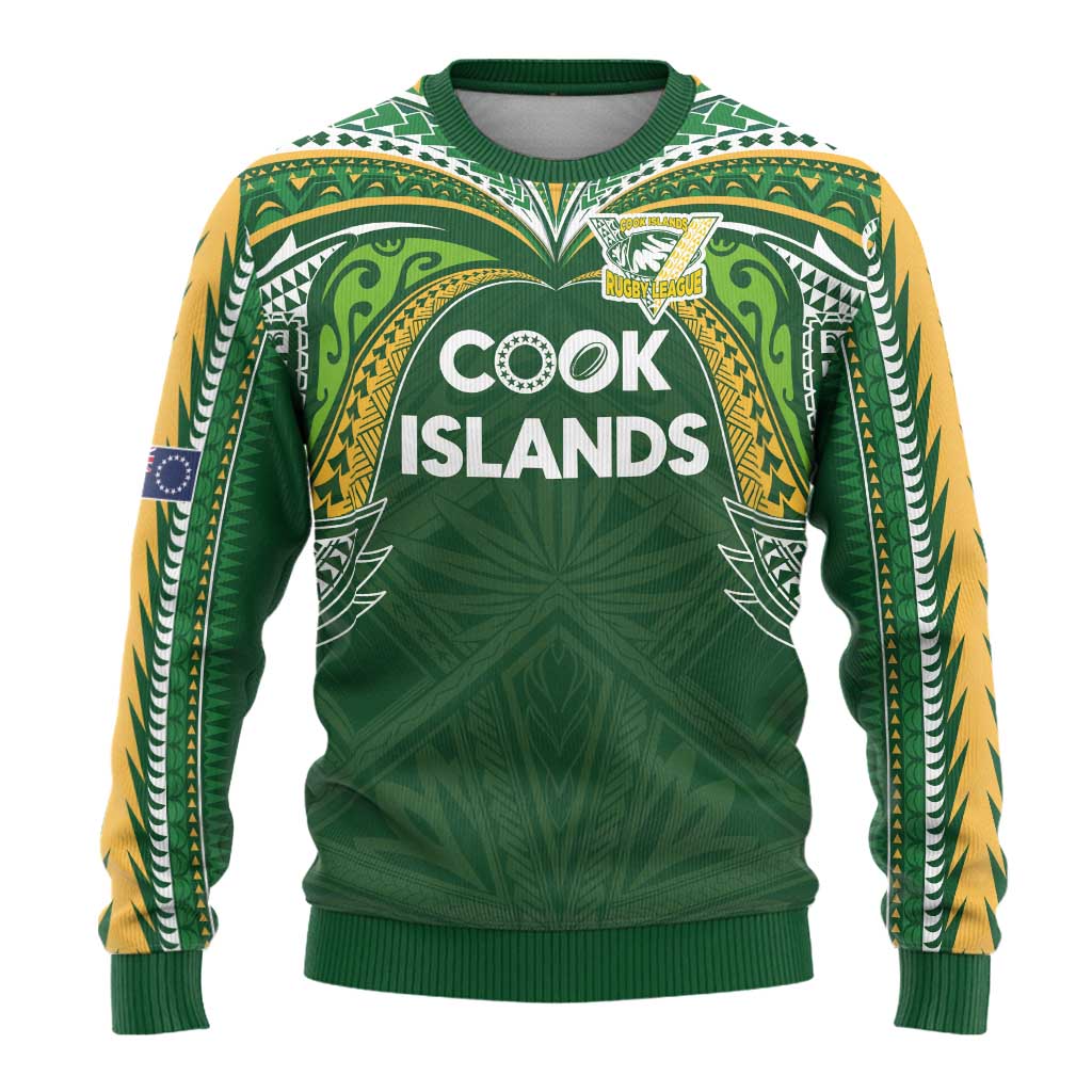 Custom Cook Islands Rugby League Ugly Christmas Sweater Tatau Tribal Motifs-Dark Green Color - Polynesian Pride