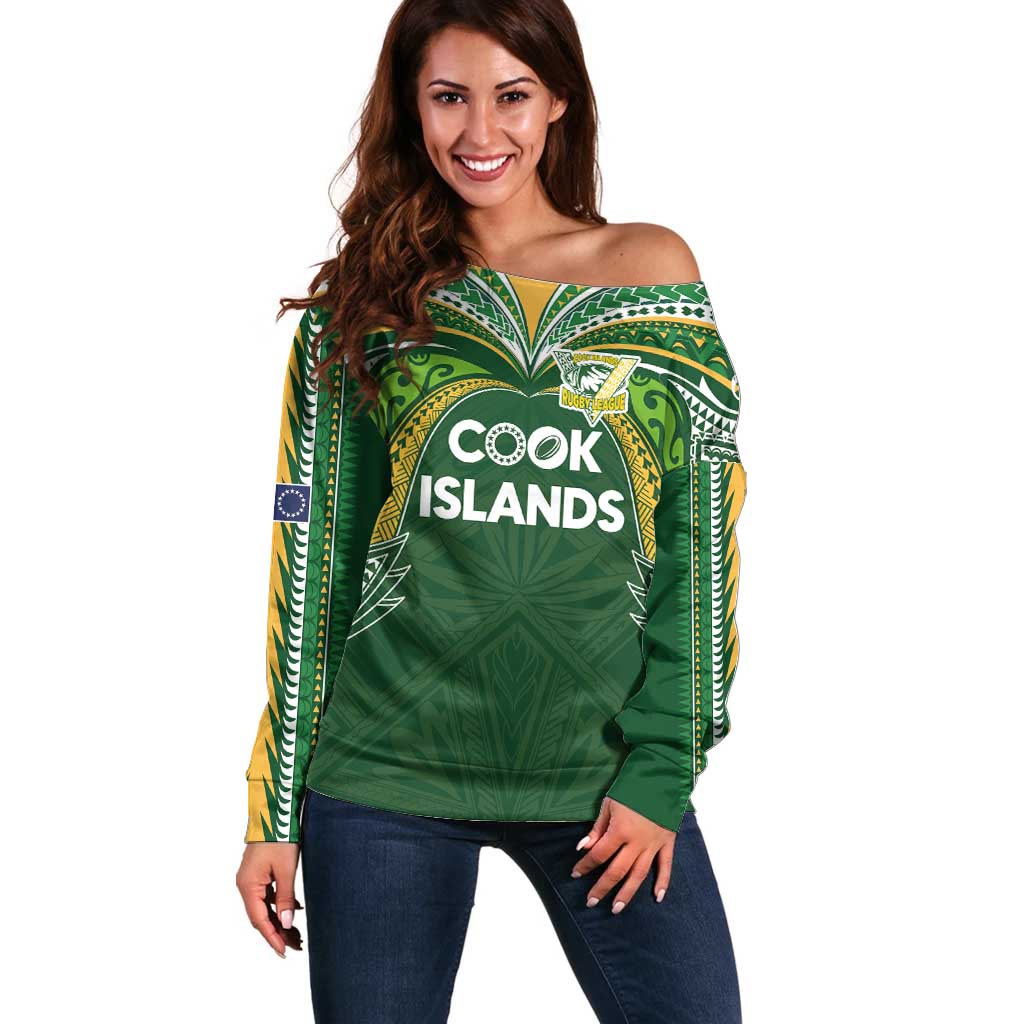 Custom Cook Islands Rugby League Off Shoulder Sweater Tatau Tribal Motifs-Dark Green Color - Polynesian Pride
