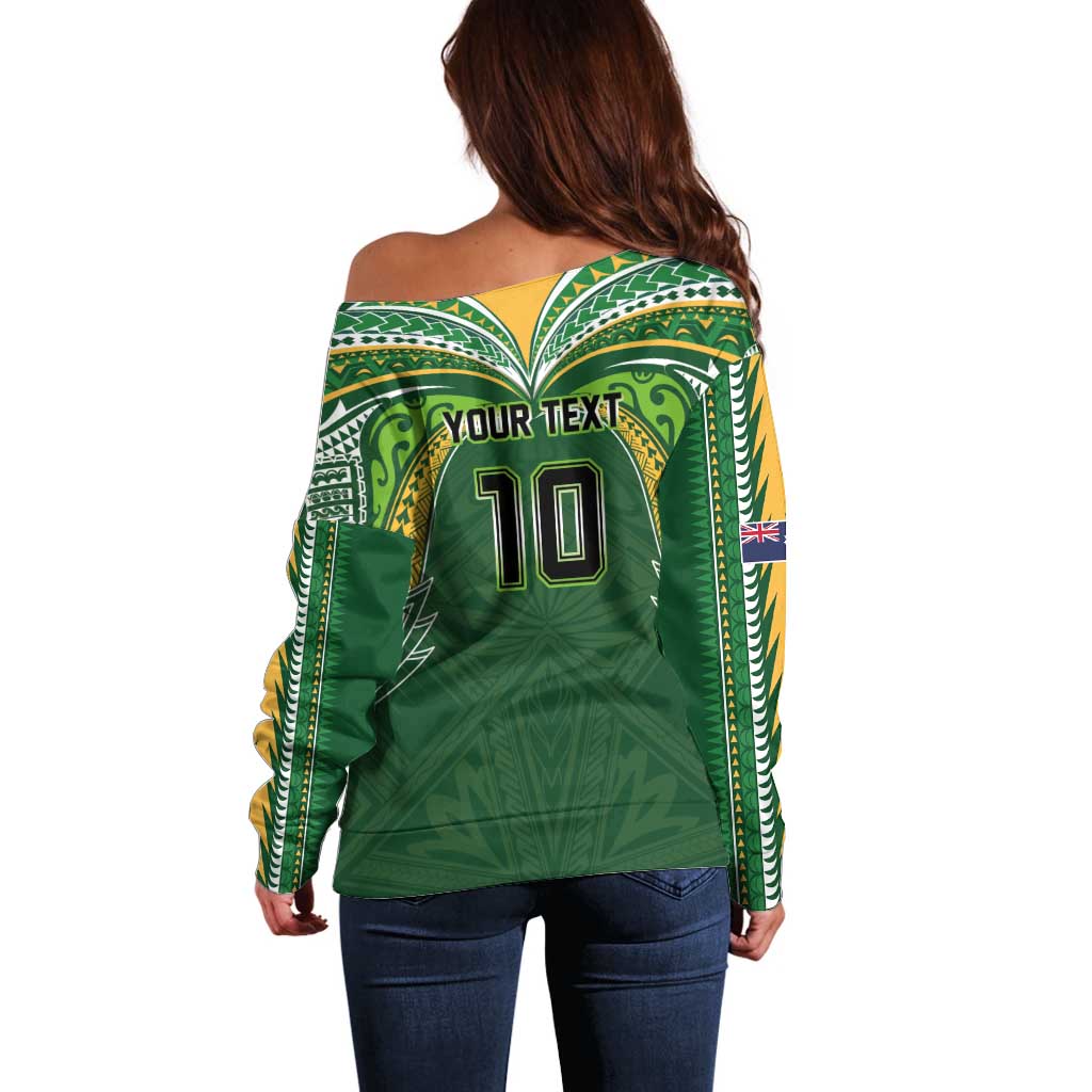 Custom Cook Islands Rugby League Off Shoulder Sweater Tatau Tribal Motifs-Dark Green Color LT03 - Polynesian Pride