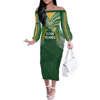 Custom Cook Islands Rugby League Off The Shoulder Long Sleeve Dress Tatau Tribal Motifs-Dark Green Color - Polynesian Pride
