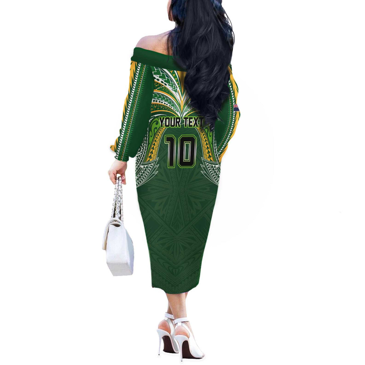 Custom Cook Islands Rugby League Off The Shoulder Long Sleeve Dress Tatau Tribal Motifs-Dark Green Color - Polynesian Pride