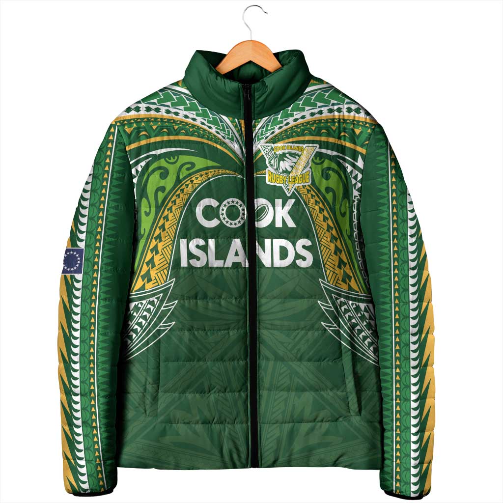 Custom Cook Islands Rugby League Padded Jacket Tatau Tribal Motifs-Dark Green Color LT03 - Polynesian Pride
