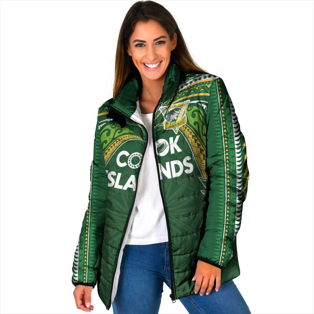 Custom Cook Islands Rugby League Padded Jacket Tatau Tribal Motifs-Dark Green Color LT03 Women Green - Polynesian Pride