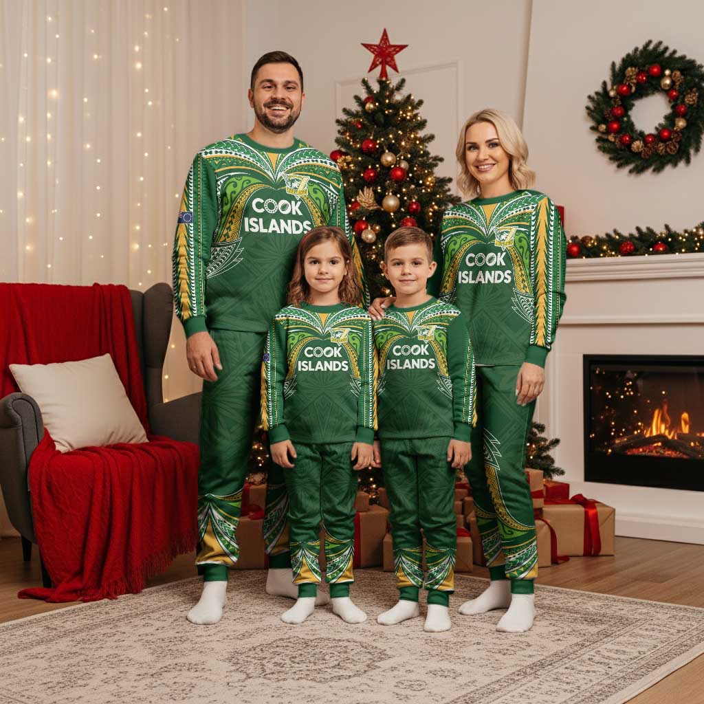 Custom Cook Islands Rugby League Christmas Pajama Set Tatau Tribal Motifs-Dark Green Color - Polynesian Pride