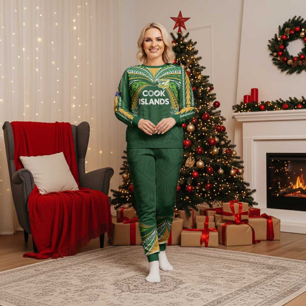 Custom Cook Islands Rugby League Christmas Pajama Set Tatau Tribal Motifs-Dark Green Color - Polynesian Pride