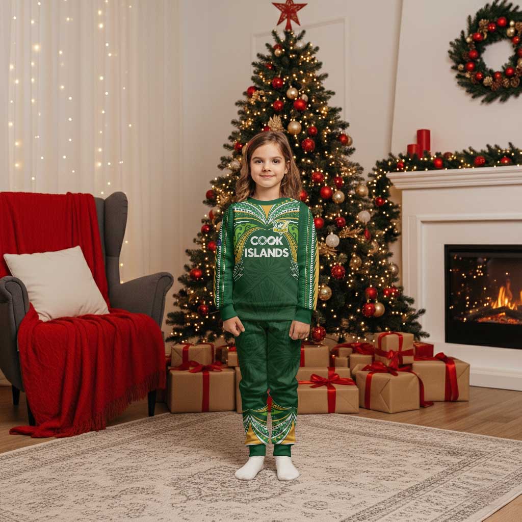 Custom Cook Islands Rugby League Christmas Pajama Set Tatau Tribal Motifs-Dark Green Color - Polynesian Pride