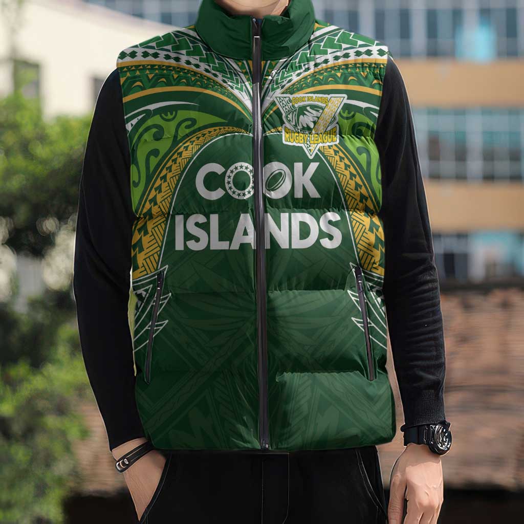 Custom Cook Islands Rugby League Sleeveless Puffer Jacket Tatau Tribal Motifs-Dark Green Color LT03 - Polynesian Pride