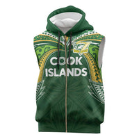 Custom Cook Islands Rugby League Sleeveless Zip Hoodie Tatau Tribal Motifs-Dark Green Color - Polynesian Pride