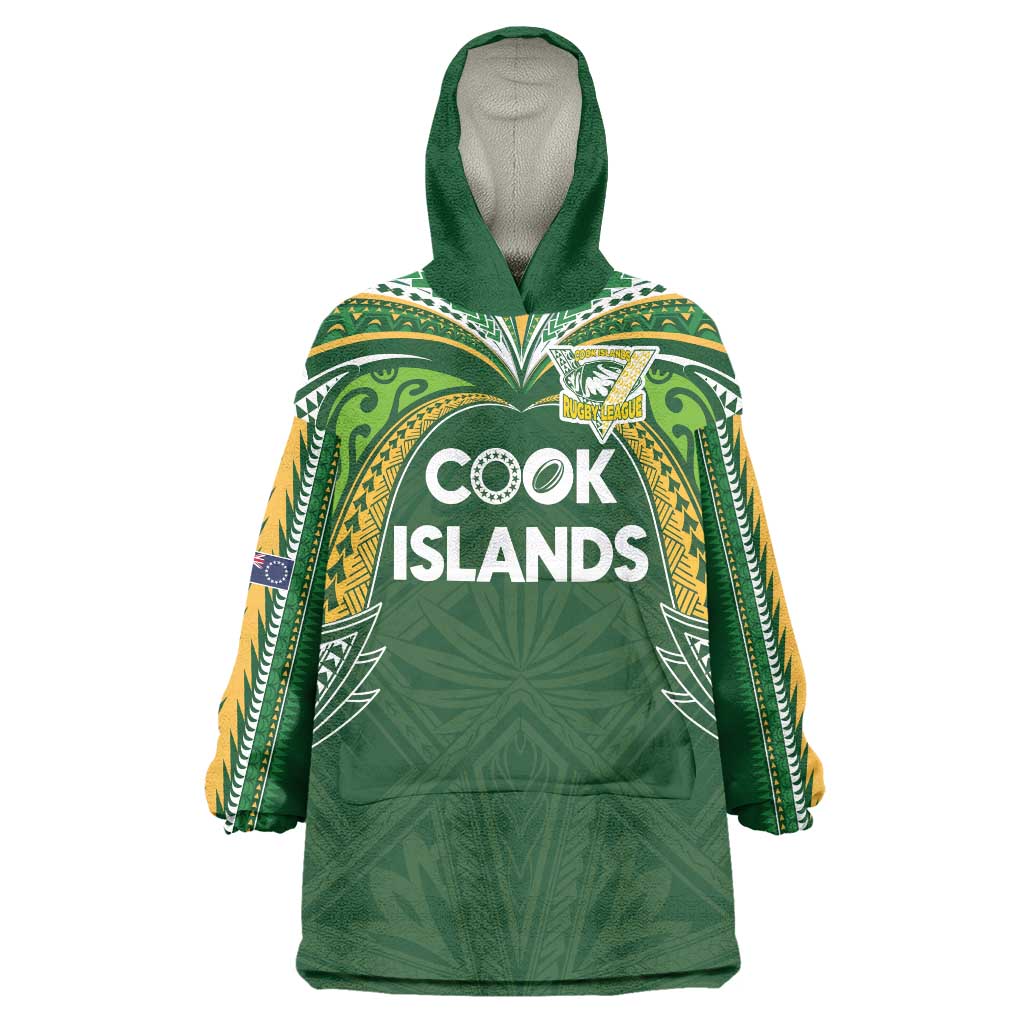 Custom Cook Islands Rugby League Wearable Blanket Hoodie Tatau Tribal Motifs-Dark Green Color - Polynesian Pride