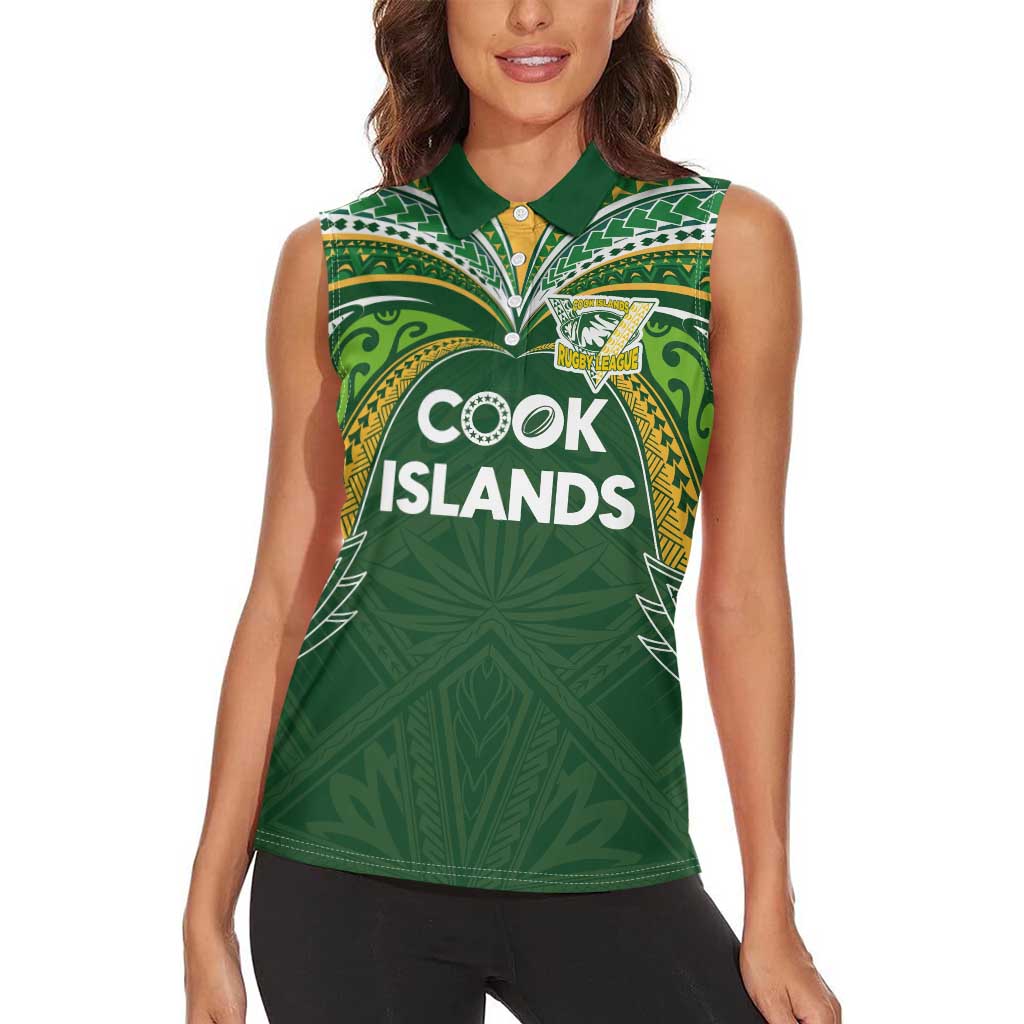 Custom Cook Islands Rugby League Women Sleeveless Polo Shirt Tatau Tribal Motifs-Dark Green Color LT03 - Polynesian Pride