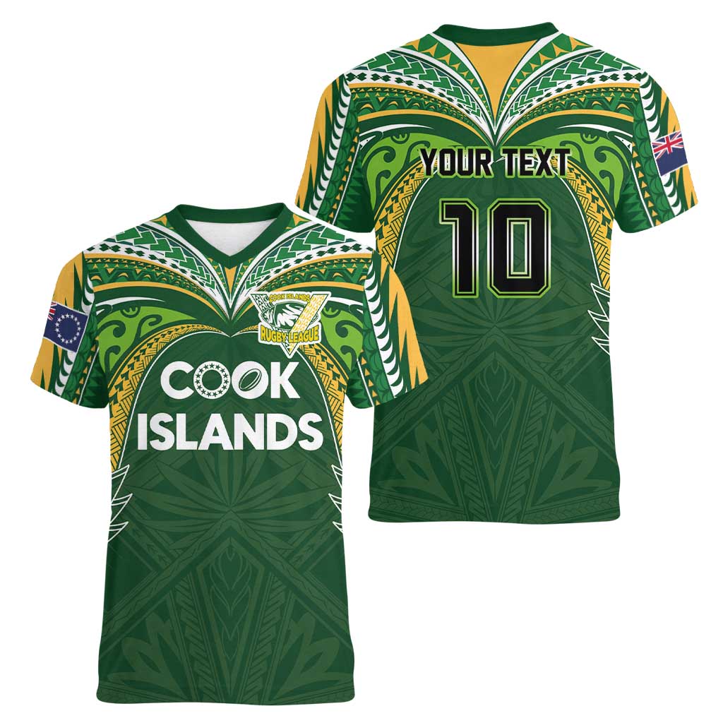 Custom Cook Islands Rugby League Women V-Neck T-Shirt Tatau Tribal Motifs-Dark Green Color LT03 - Polynesian Pride