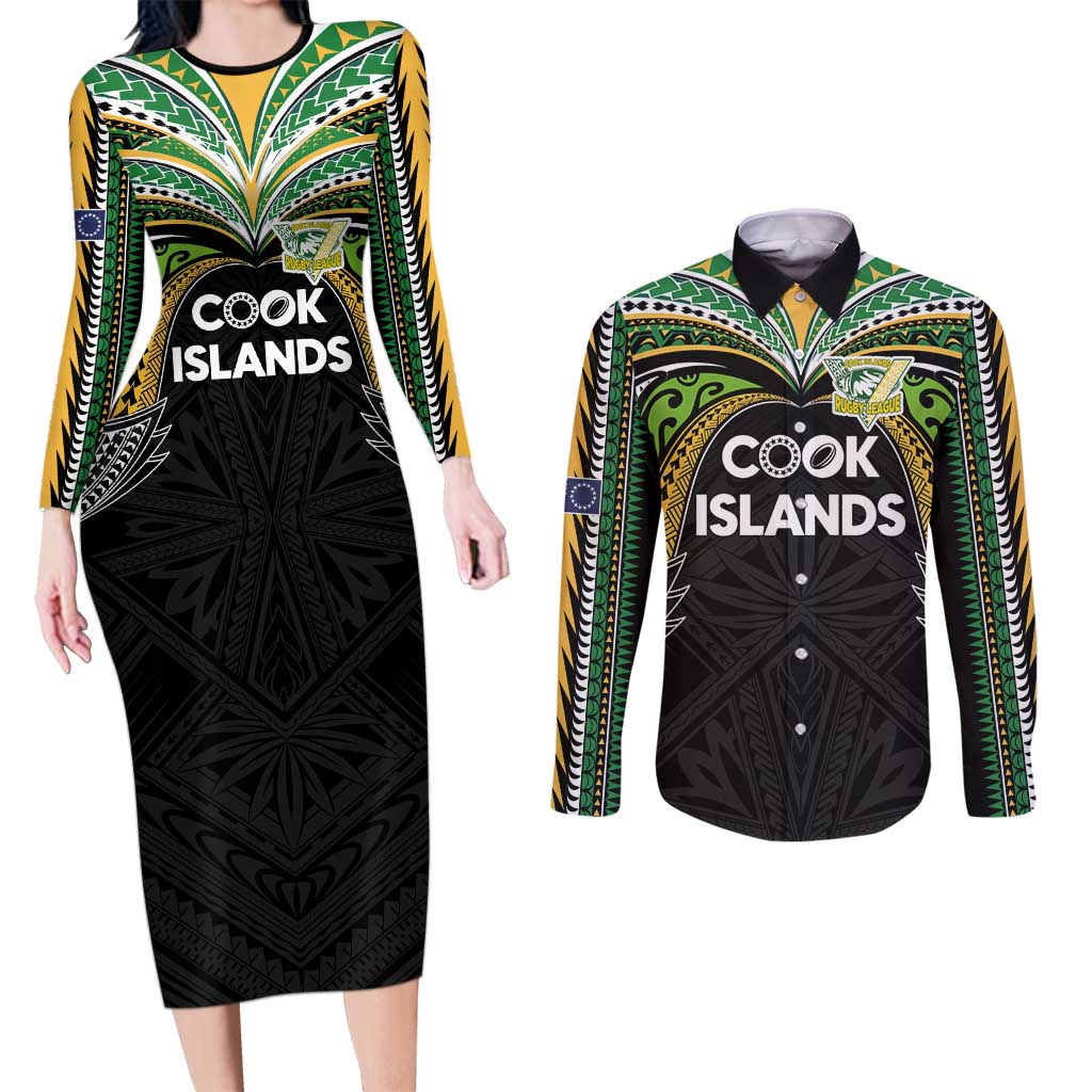 Custom Cook Islands Rugby League Couples Matching Long Sleeve Bodycon Dress and Long Sleeve Button Shirt Tatau Tribal Motifs-Black Color LT03 Black - Polynesian Pride
