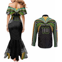 Custom Cook Islands Rugby League Couples Matching Mermaid Dress and Long Sleeve Button Shirt Tatau Tribal Motifs-Black Color LT03 - Polynesian Pride