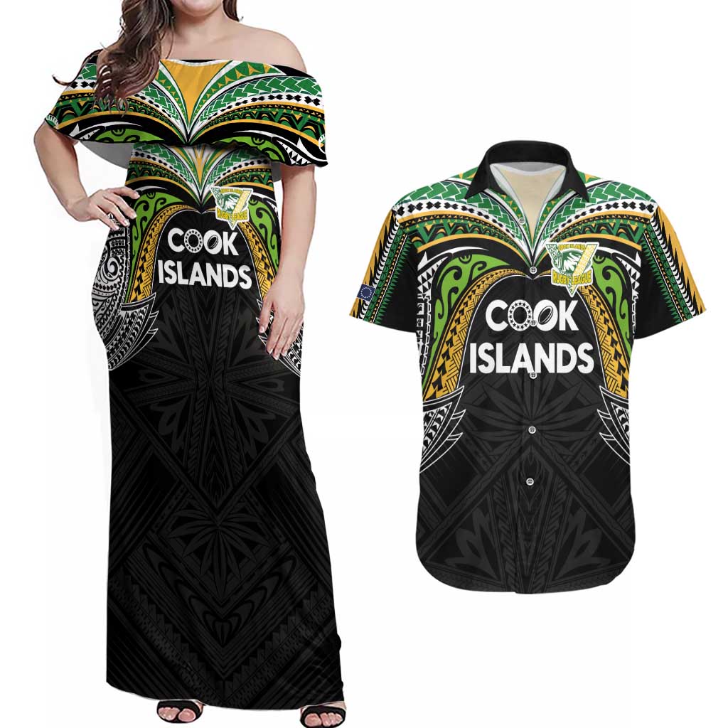Custom Cook Islands Rugby League Couples Matching Off Shoulder Maxi Dress and Hawaiian Shirt Tatau Tribal Motifs-Black Color - Polynesian Pride