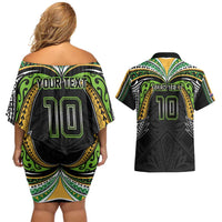 Custom Cook Islands Rugby League Couples Matching Off Shoulder Short Dress and Hawaiian Shirt Tatau Tribal Motifs-Black Color - Polynesian Pride
