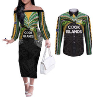 Custom Cook Islands Rugby League Couples Matching Off The Shoulder Long Sleeve Dress and Long Sleeve Button Shirt Tatau Tribal Motifs-Black Color LT03 Black - Polynesian Pride
