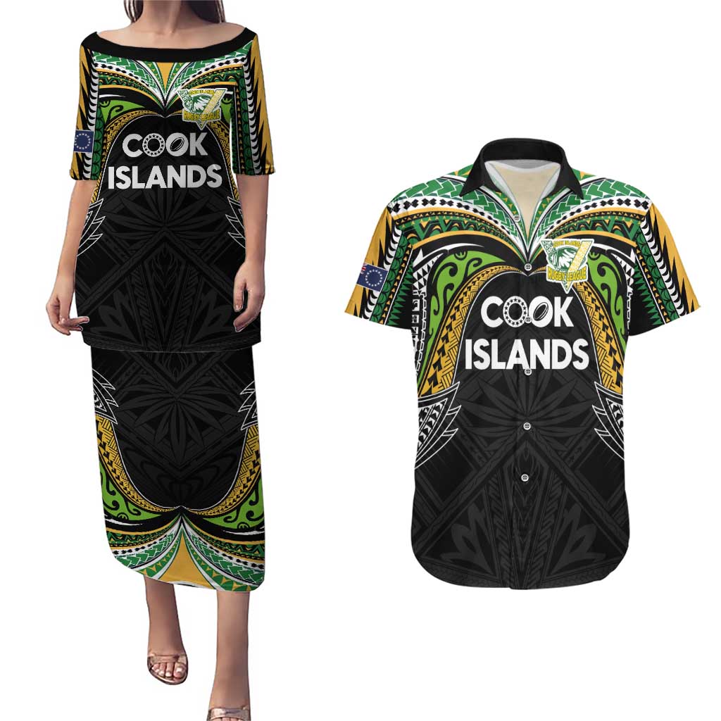 Custom Cook Islands Rugby League Couples Matching Puletasi and Hawaiian Shirt Tatau Tribal Motifs-Black Color LT03 Black - Polynesian Pride