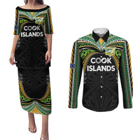 Custom Cook Islands Rugby League Couples Matching Puletasi and Long Sleeve Button Shirt Tatau Tribal Motifs-Black Color - Polynesian Pride