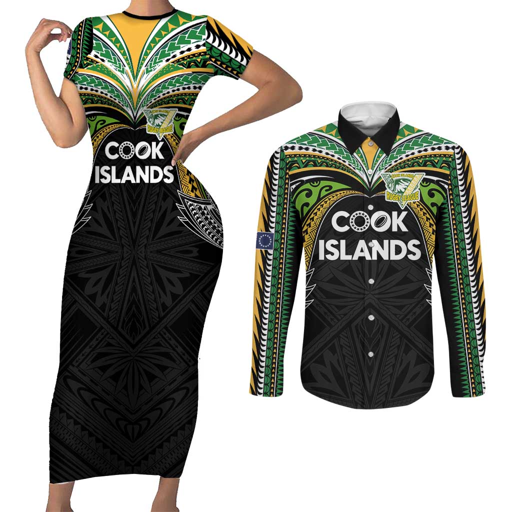 Custom Cook Islands Rugby League Couples Matching Short Sleeve Bodycon Dress and Long Sleeve Button Shirt Tatau Tribal Motifs-Black Color - Polynesian Pride