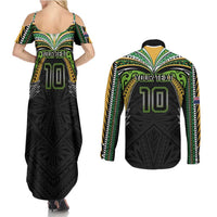 Custom Cook Islands Rugby League Couples Matching Summer Maxi Dress and Long Sleeve Button Shirt Tatau Tribal Motifs-Black Color - Polynesian Pride