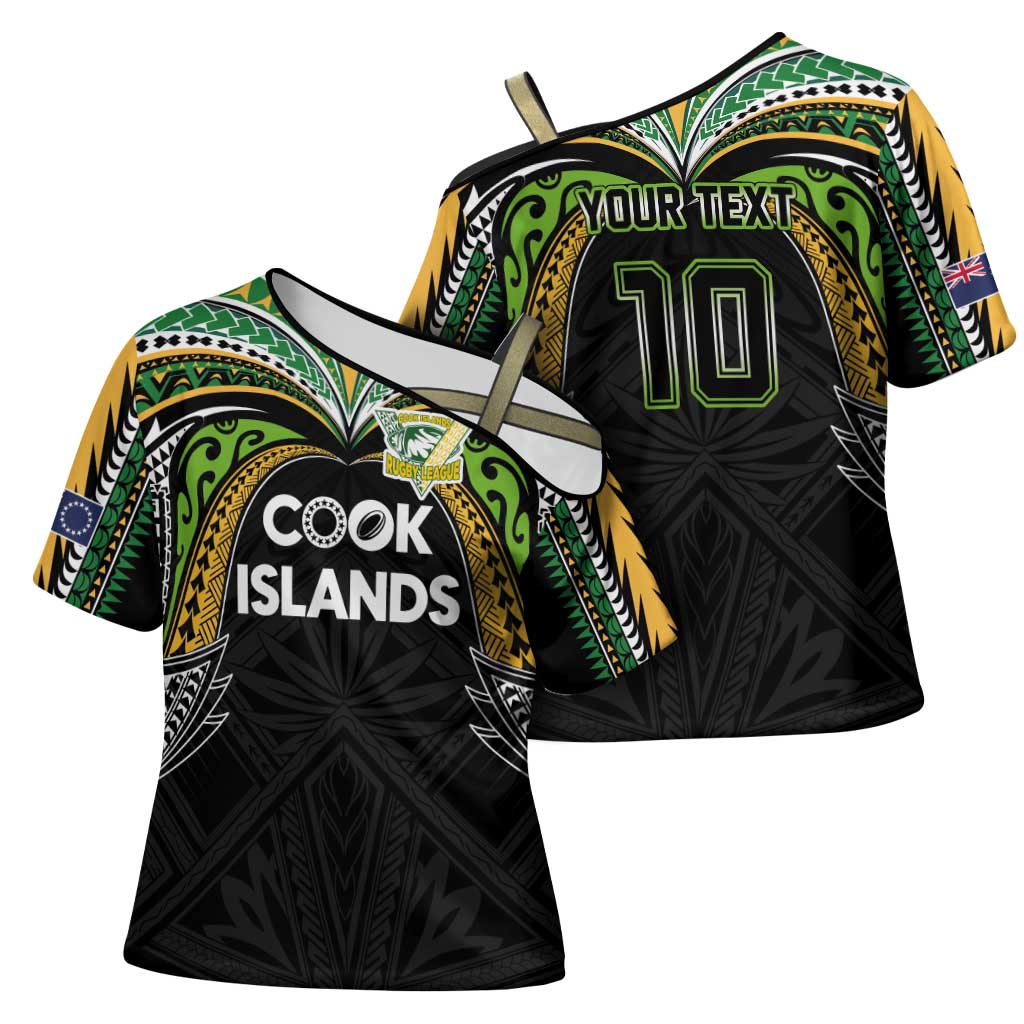 Custom Cook Islands Rugby League Cross Shoulder Shirt Tatau Tribal Motifs-Black Color LT03 - Polynesian Pride
