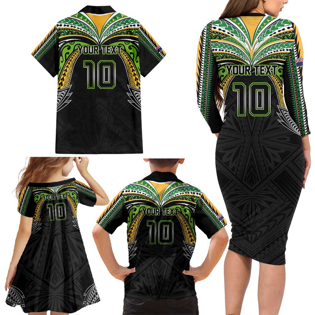Custom Cook Islands Rugby League Family Matching Long Sleeve Bodycon Dress and Hawaiian Shirt Tatau Tribal Motifs-Black Color - Polynesian Pride