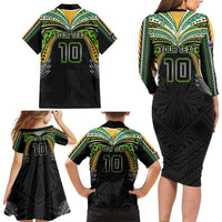 Custom Cook Islands Rugby League Family Matching Long Sleeve Bodycon Dress and Hawaiian Shirt Tatau Tribal Motifs-Black Color - Polynesian Pride