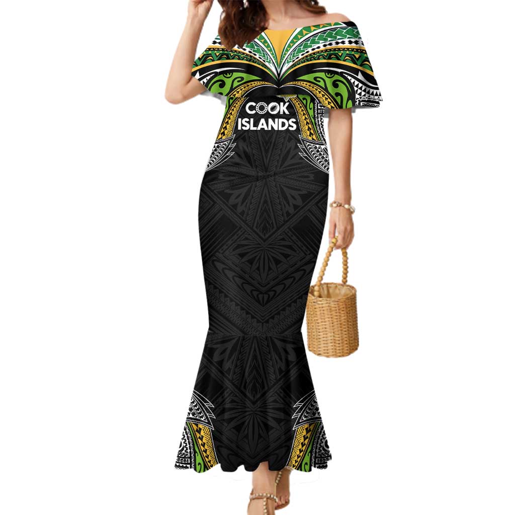 Custom Cook Islands Rugby League Family Matching Mermaid Dress and Hawaiian Shirt Tatau Tribal Motifs-Black Color - Polynesian Pride