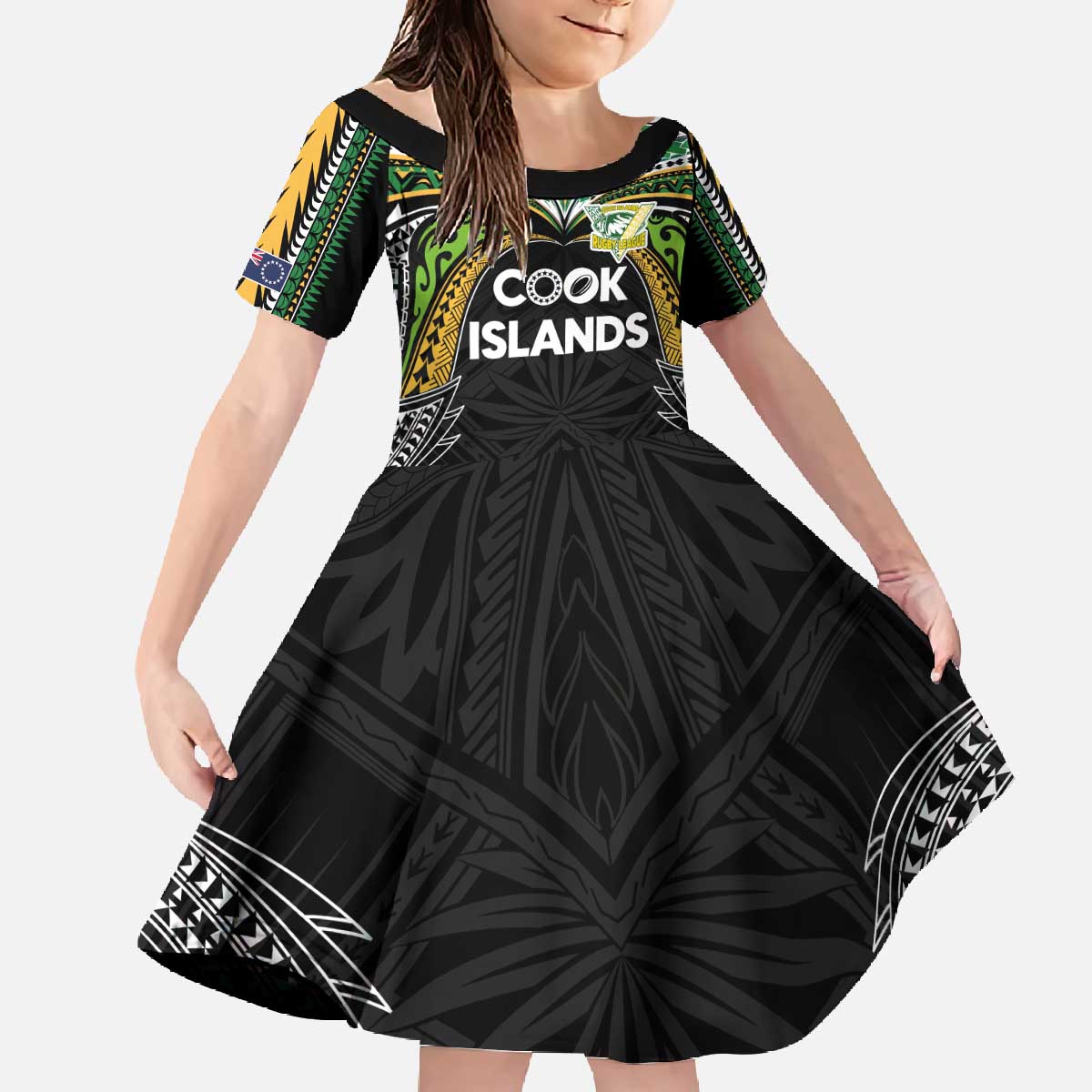 Custom Cook Islands Rugby League Family Matching Off The Shoulder Long Sleeve Dress and Hawaiian Shirt Tatau Tribal Motifs-Black Color - Polynesian Pride