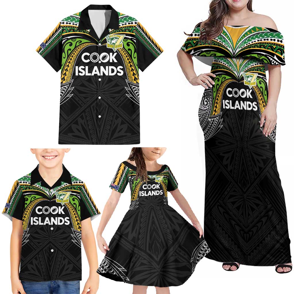 Custom Cook Islands Rugby League Family Matching Off Shoulder Maxi Dress and Hawaiian Shirt Tatau Tribal Motifs-Black Color - Polynesian Pride
