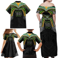 Custom Cook Islands Rugby League Family Matching Off Shoulder Maxi Dress and Hawaiian Shirt Tatau Tribal Motifs-Black Color - Polynesian Pride