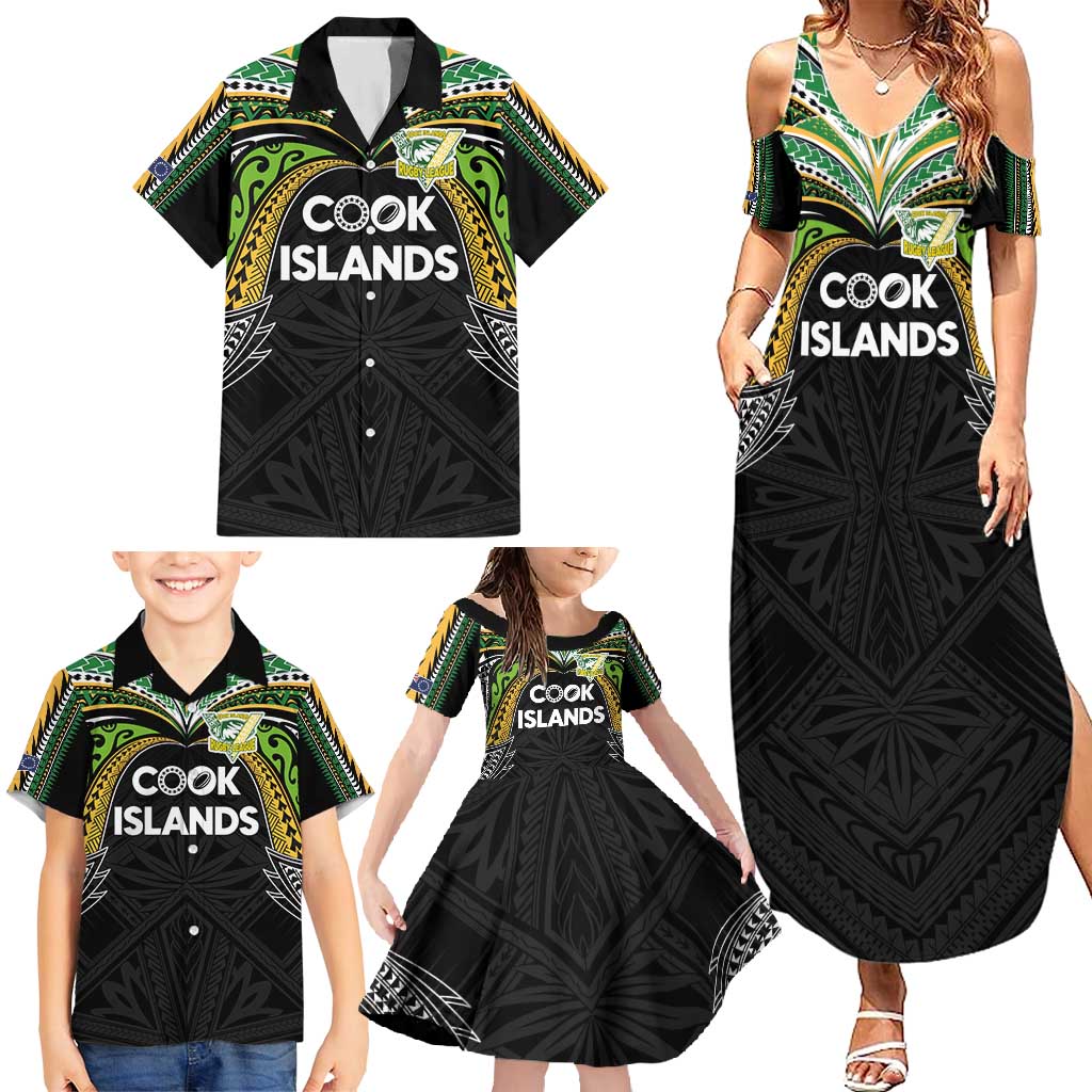 Custom Cook Islands Rugby League Family Matching Summer Maxi Dress and Hawaiian Shirt Tatau Tribal Motifs-Black Color - Polynesian Pride