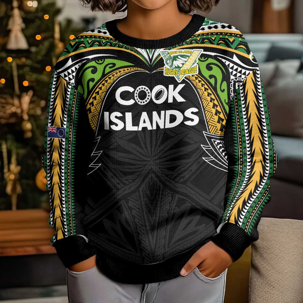 Custom Cook Islands Rugby League Kid Ugly Christmas Sweater Tatau Tribal Motifs-Black Color LT03 - Polynesian Pride