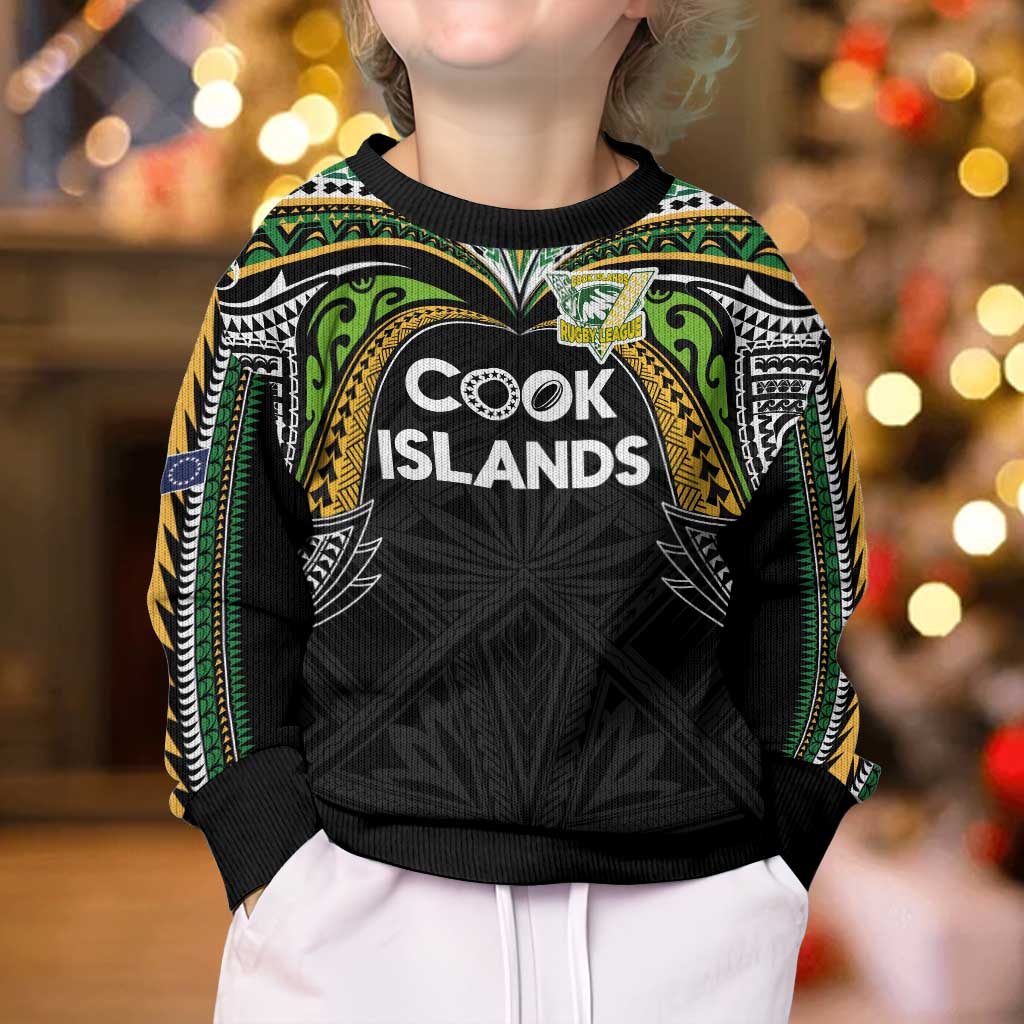 Custom Cook Islands Rugby League Kid Ugly Christmas Sweater Tatau Tribal Motifs-Black Color LT03 - Polynesian Pride