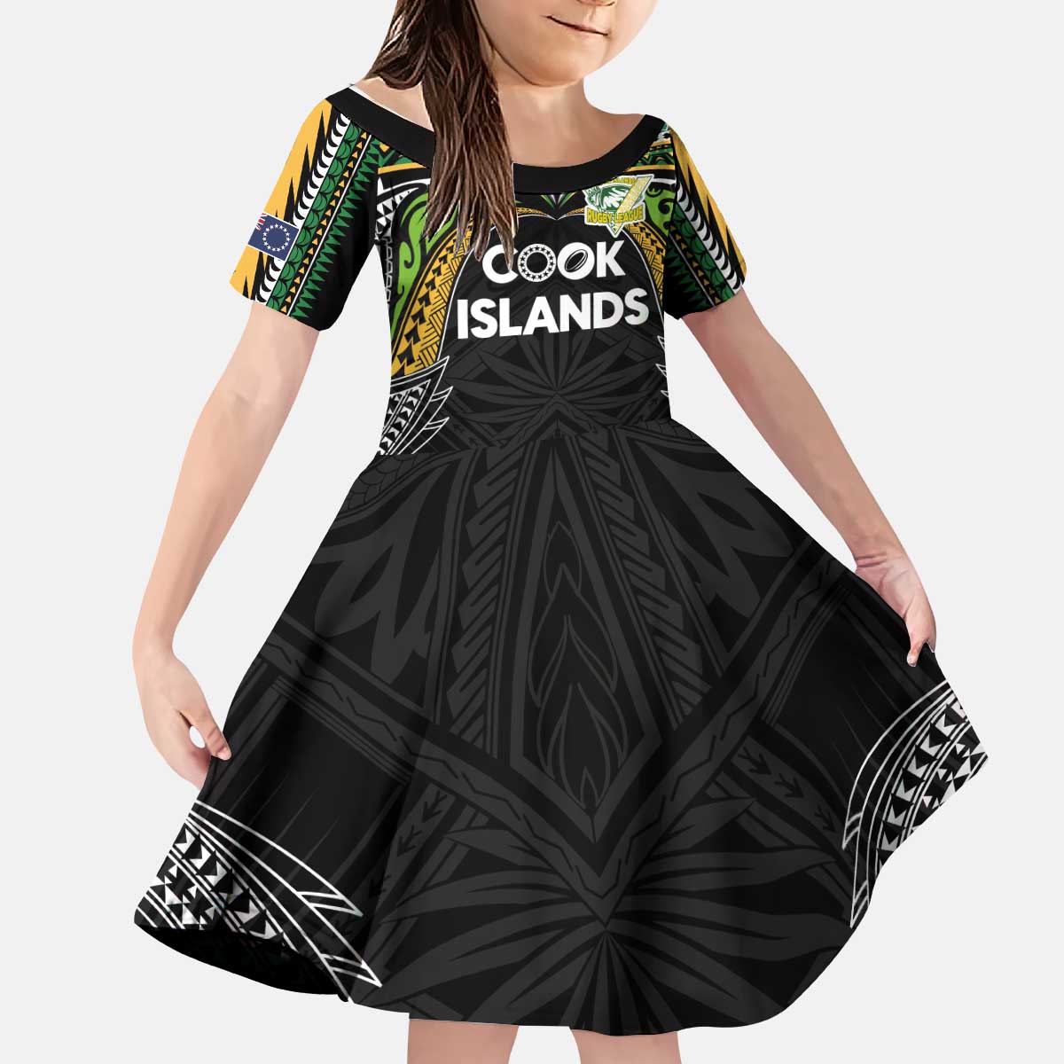 Custom Cook Islands Rugby League Kid Short Sleeve Dress Tatau Tribal Motifs-Black Color - Polynesian Pride
