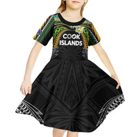 Custom Cook Islands Rugby League Kid Short Sleeve Dress Tatau Tribal Motifs-Black Color - Polynesian Pride